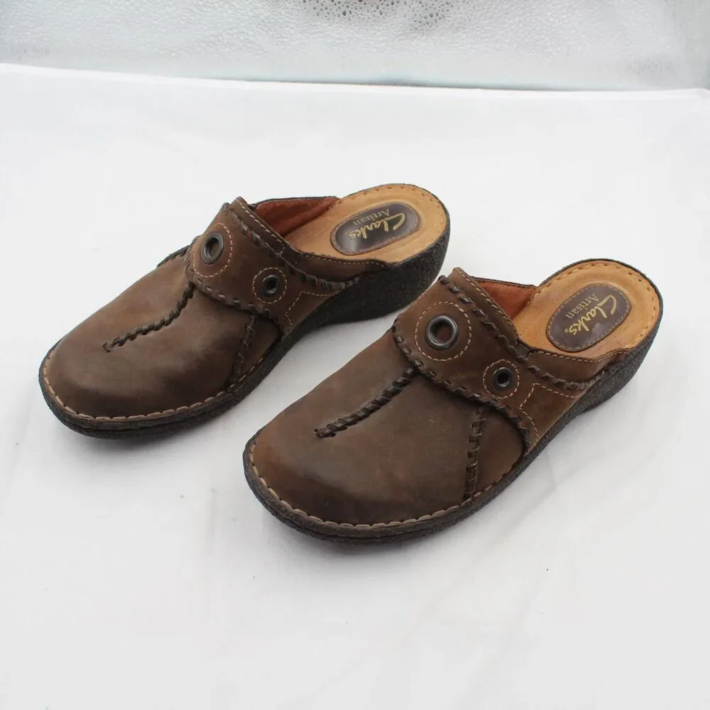 Clarks Artisan Women’s Size 7 Leather Slip-On Mules Clogs Comfort Shoes Brown